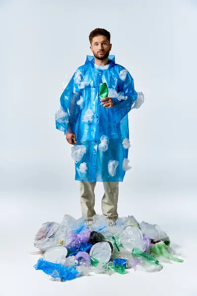 A man wearing a plastic raincoat stands on a pile of plastic debris. — Stock Photo