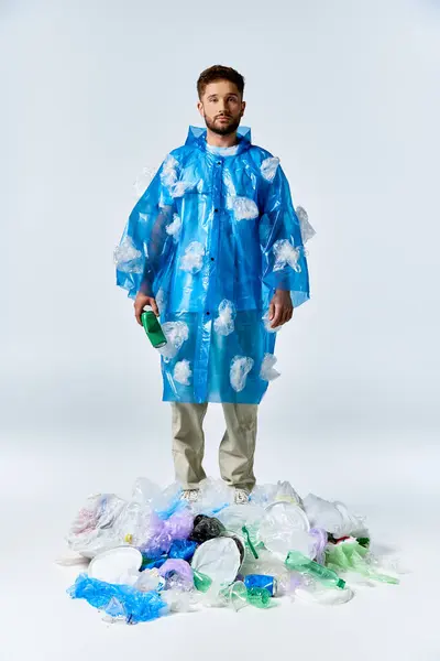 A man stands on a pile of plastic, wearing a plastic poncho adorned with plastic bags. — Stock Photo