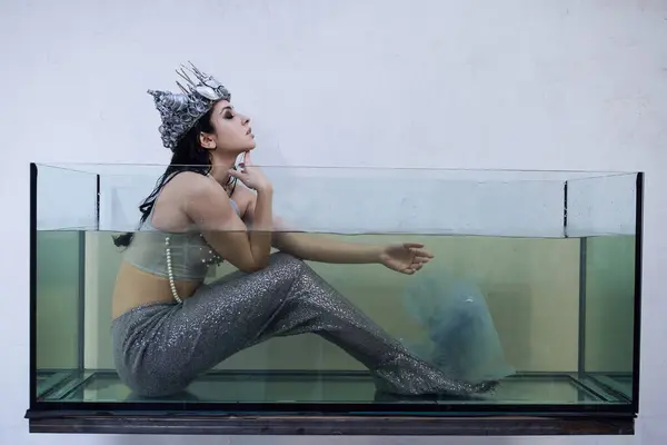 A young woman, dressed as a mermaid, sits in a glass tank, her silver tail disappearing into the murky water. — Stock Photo
