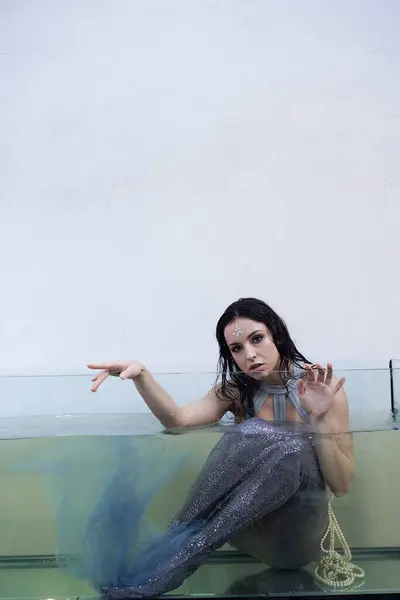 Una giovane donna dai capelli scuri, vestita da sirena, siede in una vasca di vetro, con gli occhi che supplicano lo spettatore. — Foto stock