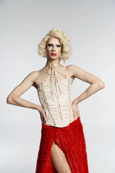 A drag queen with blonde curls and bold red lipstick poses in a white corset and a red, fuzzy skirt. — Stock Photo