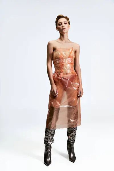 A model poses in a plastic dress, showcasing the possibilities of sustainable fashion. — Stock Photo