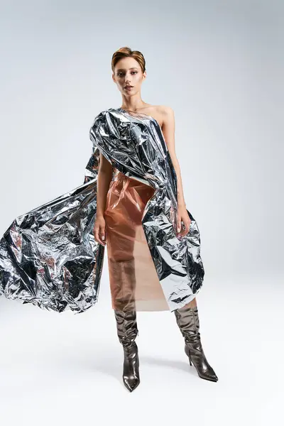 A woman poses in a studio wearing a sustainable fashion dress made from recycled materials. — Stock Photo