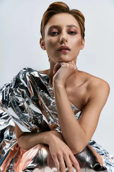Eine Frau mit kurzen braunen Haaren posiert in einem silbern reflektierenden Outfit. — Stockfoto