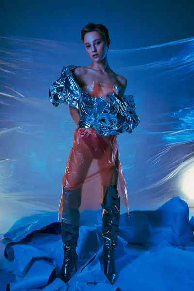 Uma mulher em um vestido de prata cintilante fica em um estúdio, banhada em luz azul. — Fotografia de Stock