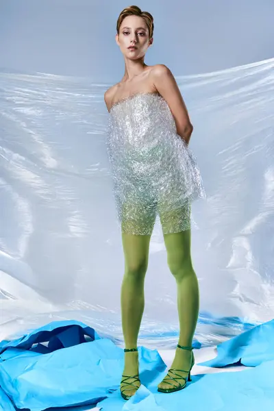A woman stands with a plastic bubble wrap dress and green tights. — Stock Photo