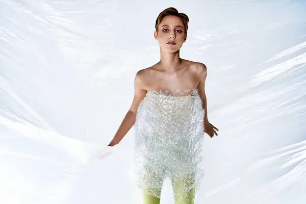 A woman stands gracefully, adorned in a shimmering dress made of recycled plastic. — Stock Photo