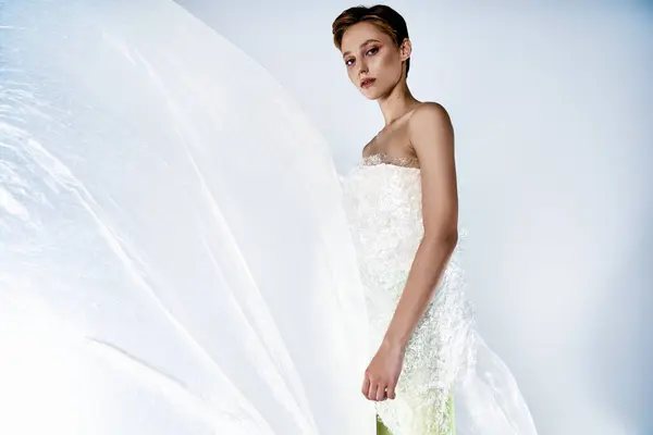 A woman stands gracefully, adorned in a flowing dress crafted from recycled materials. — Stock Photo