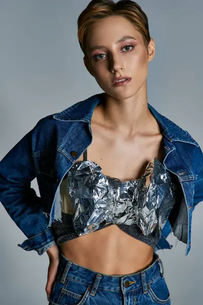 A stylish model poses in a denim jacket and silver foil top. — Stock Photo