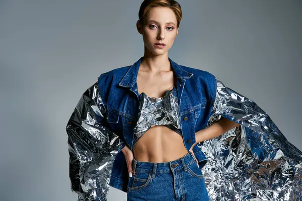 Une femme vêtue d'une veste en denim et d'une cape en feuille d'argent pose sur un fond gris. — Photo de stock