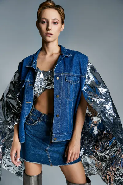 Woman in denim stands against grey wall, arms wrapped in silver foil for stylish look — Stock Photo