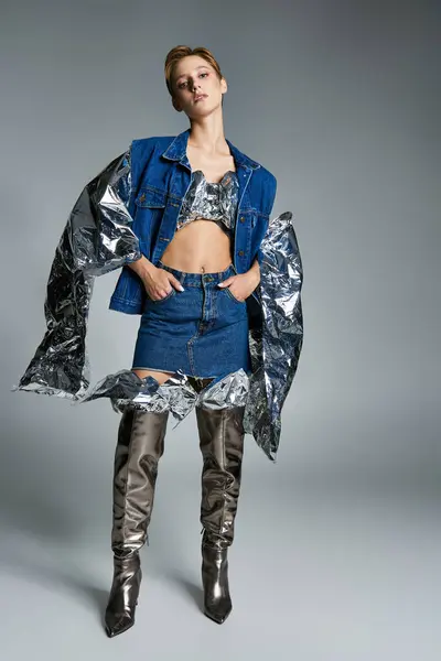 Ein Model posiert in Jeansrock und Jacke, mit Metallic-Folienärmeln und silbernen Stiefeln. — Stockfoto