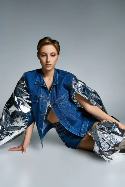 Una mujer con chaqueta de mezclilla y pantalones cortos posa con acentos de lámina plateada. — Stock Photo