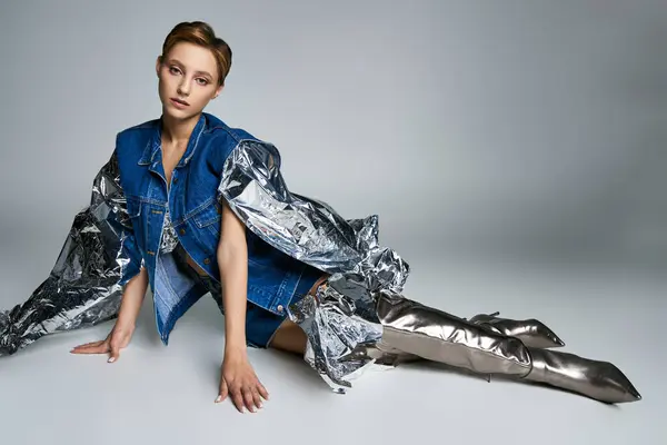 A woman in a denim vest and metallic fabric poses on a gray background. — Stock Photo