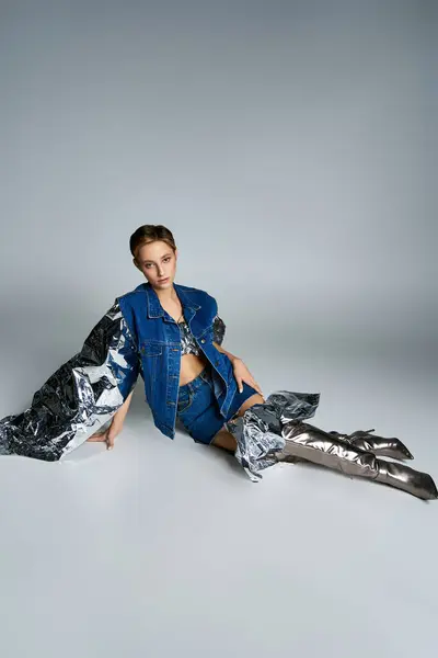 Short haired woman in denim jacket, shorts, silver accents, and boots poses — Stock Photo