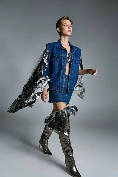 Woman in denim vest and skirt confidently walks in metallic boots, showcasing sustainable fashion — Stock Photo