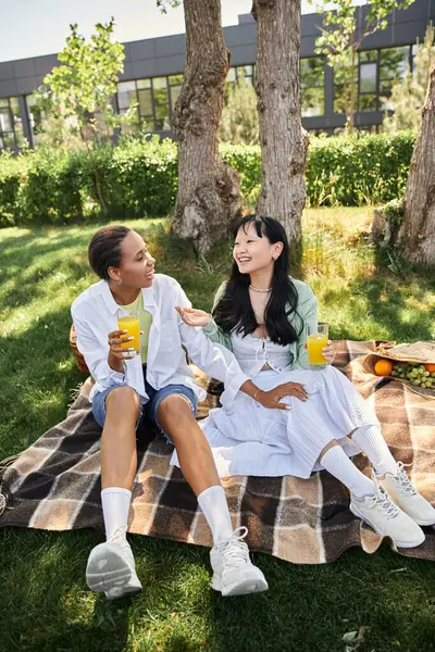 Due donne, una nera e una asiatica, si godono un pranzo al sacco e una conversazione in un parco, sorridendo e ridendo insieme. — Foto stock