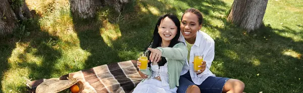 Two young women, one African American and one Asian, share a picnic on a grassy park blanket, smiling and enjoying each others company — Stock Photo