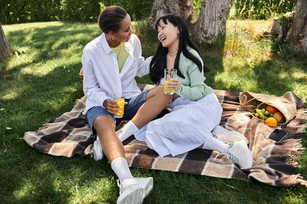 Two young women, one African American and one Asian, enjoy a picnic on a blanket in the park, drinking juice and laughing together. — Stock Photo