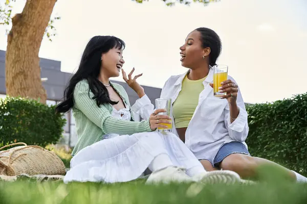 Una pareja lesbiana disfruta de un picnic soleado por la tarde en un parque. — Stock Photo