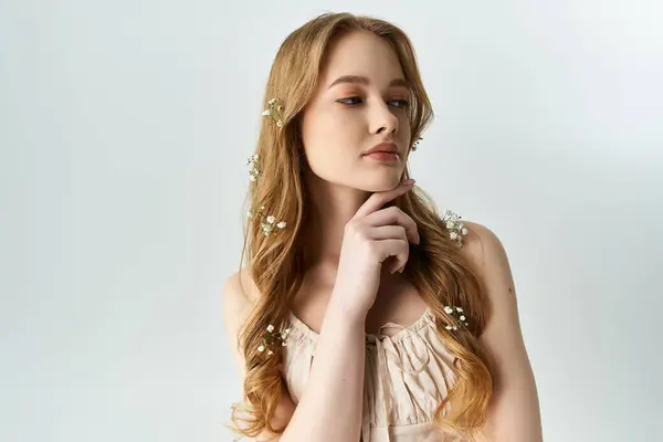 A beautiful young woman poses delicately, adorned with flowers in her hair. — Stock Photo