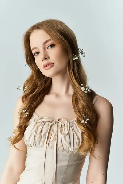 A young woman poses gracefully, her hair highlighted by small flowers. — Stock Photo