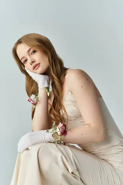 A young woman gently rests her head on her hand, surrounded by floral beauty. — Stock Photo