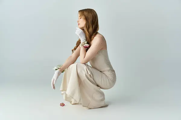 A young woman sits elegantly, lost in thought, surrounded by flowers. — Stock Photo