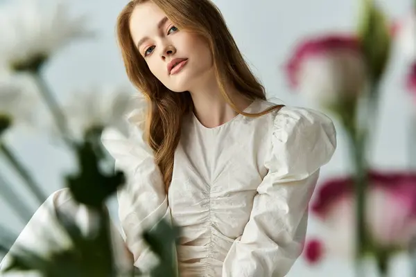 A young woman poses gracefully amidst beautiful flowers. — Stock Photo