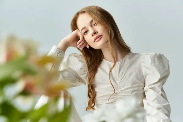 A lovely young woman gazes thoughtfully while nestled among blossoms. — Stock Photo