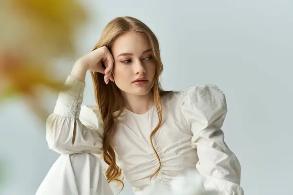 Une belle femme contemple tandis que élégamment orné de fleurs. — Photo de stock