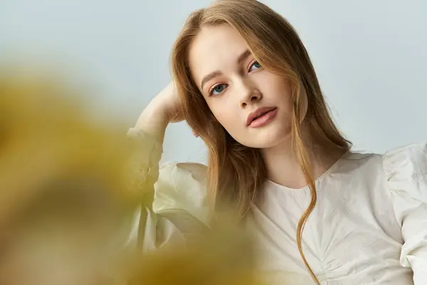 A lovely young woman gazes softly, surrounded by blooming flowers. — Stock Photo