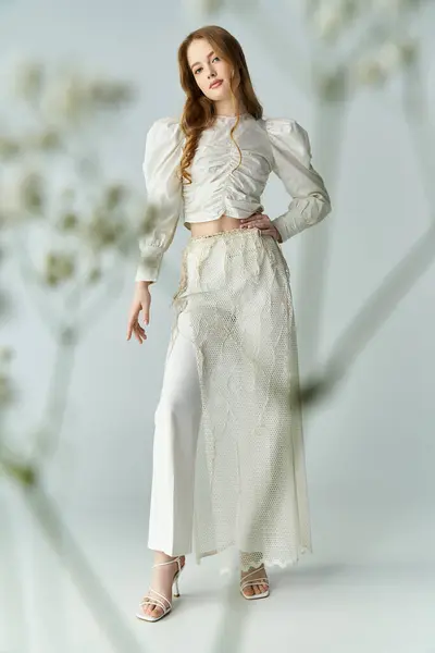 A young woman stands gracefully, embracing floral beauty in delicate attire. — Stock Photo