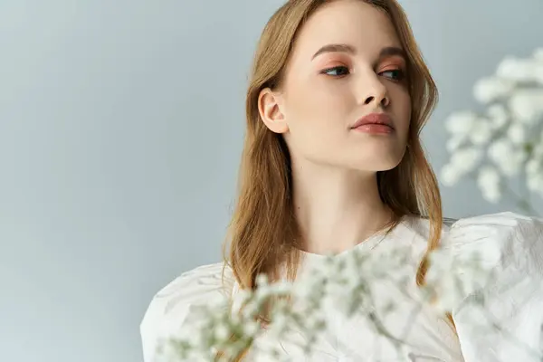 A woman gazes thoughtfully while adorned with blooms in a tranquil setting. — Stock Photo