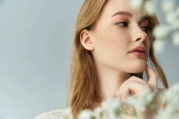 Un momento sereno de una mujer tocándose suavemente la cara, rodeada de flores. - foto de stock