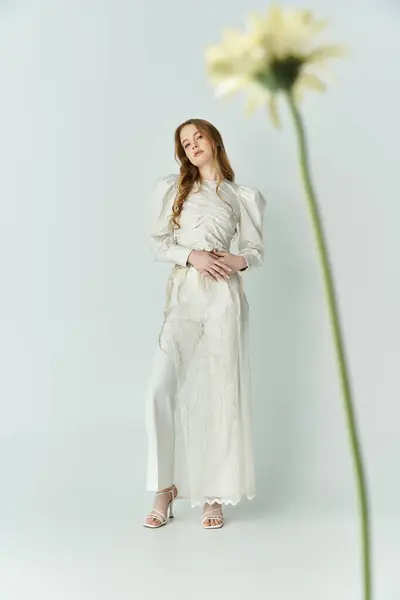 A striking young woman in flowing attire cradles flowers, exuding grace and beauty. — Stock Photo