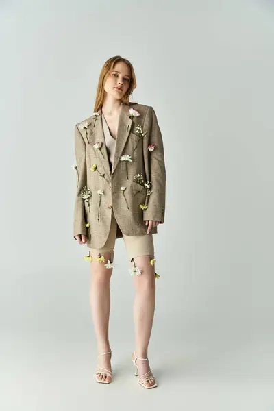A beautiful young woman showcases floral embellishments on her chic attire. — Stock Photo