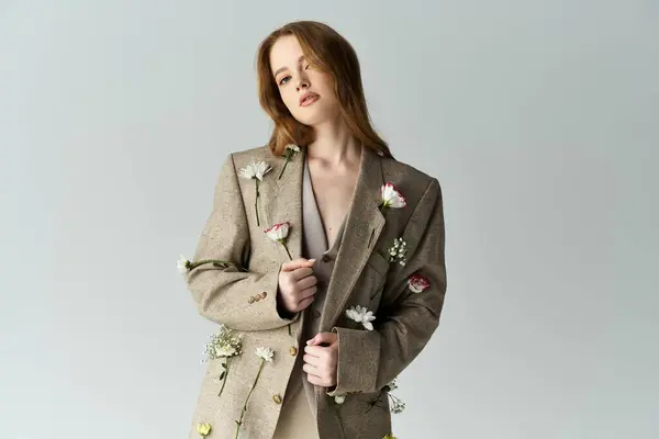 A beautiful young woman showcases floral fashion in a stylish setting. — Stock Photo