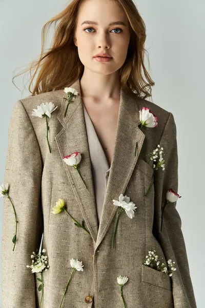 A young woman smiles softly as flowers accent her elegant blazer. — Stock Photo