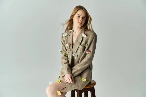 A young woman quietly poses, showcasing flowers on her outfit and a soft expression. — Stock Photo