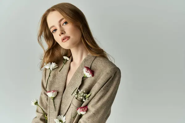 A young woman adorned with delicate flowers exudes elegance and charm. — Stock Photo