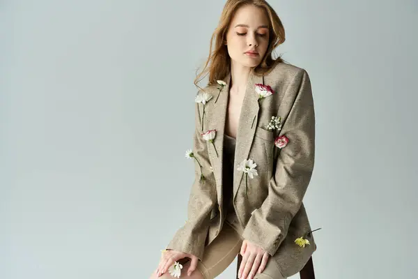 A graceful young woman sits quietly, embodying beauty with flowers. — Stock Photo