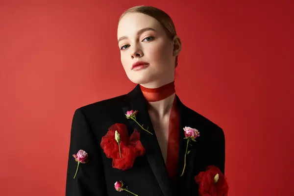 A beautiful woman in a stylish jacket showcases floral accents with confidence. — Stock Photo