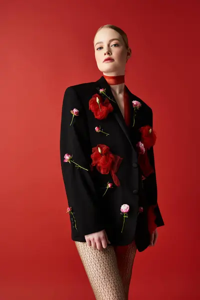 A young woman exudes elegance with flowers in her jacket and a striking red background. — Stock Photo