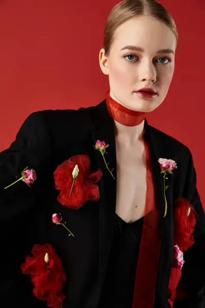 Eine stilvolle junge Frau präsentiert florale Eleganz vor auffallend rotem Hintergrund. — Stock Photo