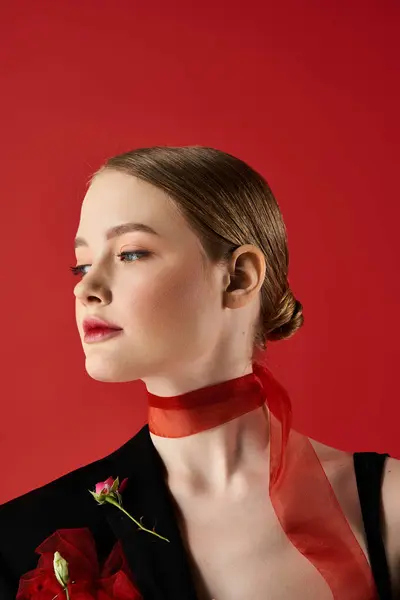 A graceful young woman poses with flowers against a vibrant red background. — Stock Photo
