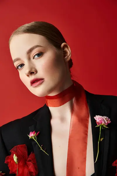 Una hermosa joven muestra flores mientras irradia gracia y confianza. - foto de stock