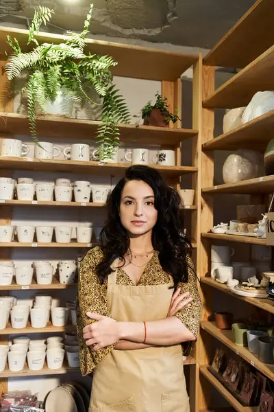 Young brunette woman posing in pottery studio. — Stock Photo