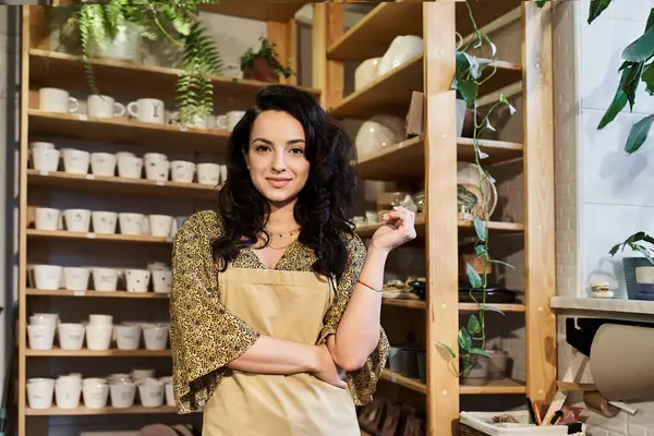 Ansprechende brünette Frau posiert im Töpferstudio. — Stockfoto