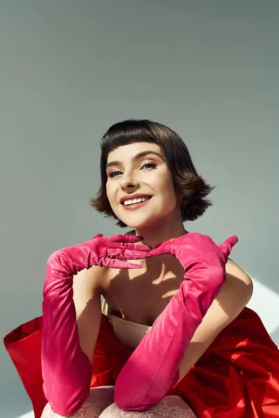 A young woman beams with happiness, showcasing vibrant fashion elements. — Stock Photo